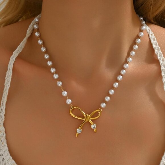 🆕 Women Gold Bow Pearl Choker Necklace Dainty Fruit Charms Cherry Cuban Jewelry - Picture 2 of 7